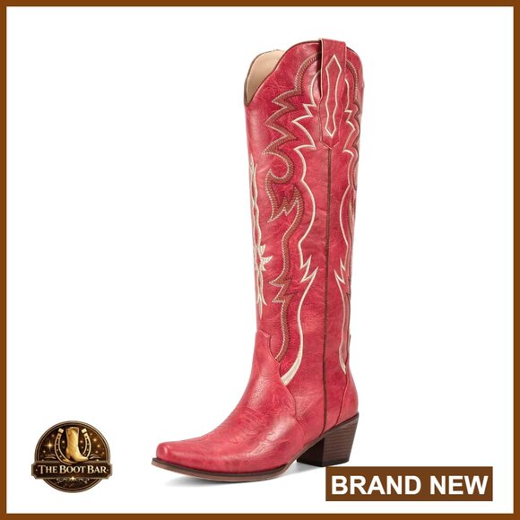 Knee High Cowboy Boots with Embroidered Chunky Heel Slip On Pointed Toe